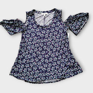 Chaus Floral Print Navy Multicolor Cold Shoulder Short Sleeve Blouse Sz S